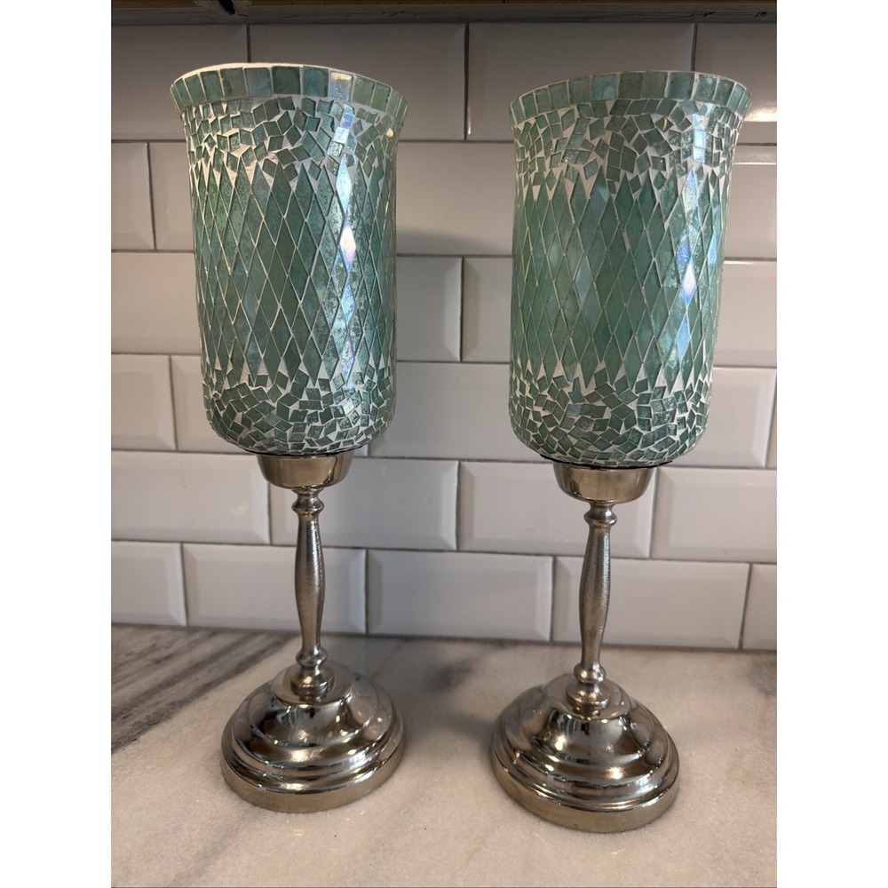 Set Of 2 Teal Greenblue Mosaic Glass Hurricane Candle Holders Silver Base GW0002